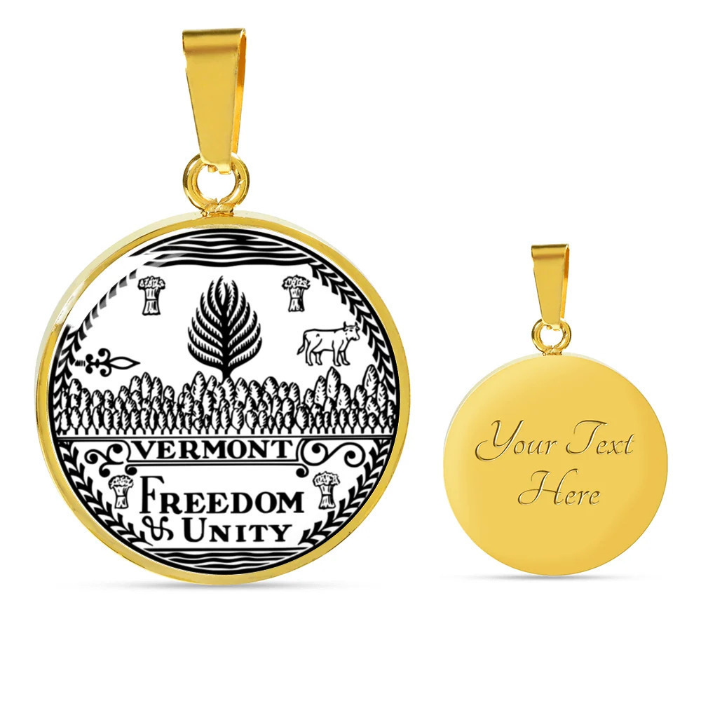 Vermont State Seal Personalized Engraved Gold Circle Necklace Custom Name Date